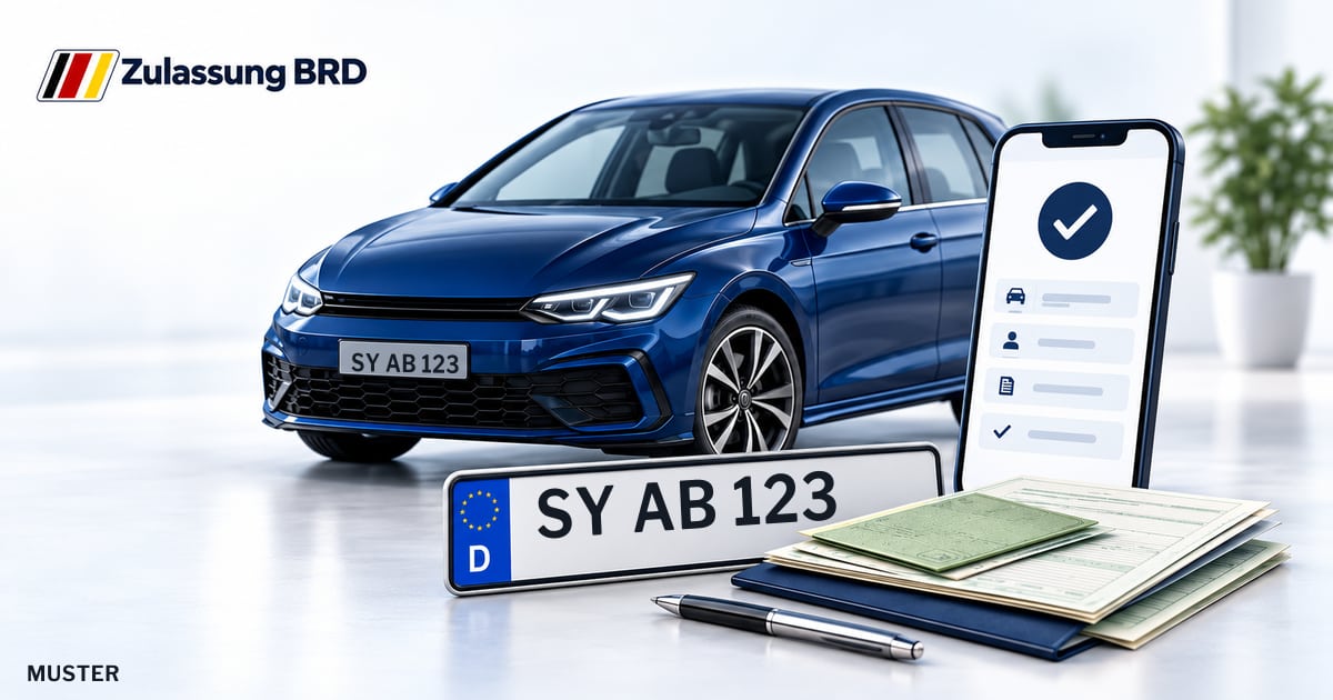 Online Fahrzeugzulassung in Syke: Musterkennzeichen SY AB 123, Auto und Fahrzeugpapiere und Smartphone. Illustration mit Logo von Zulassung BRD.
